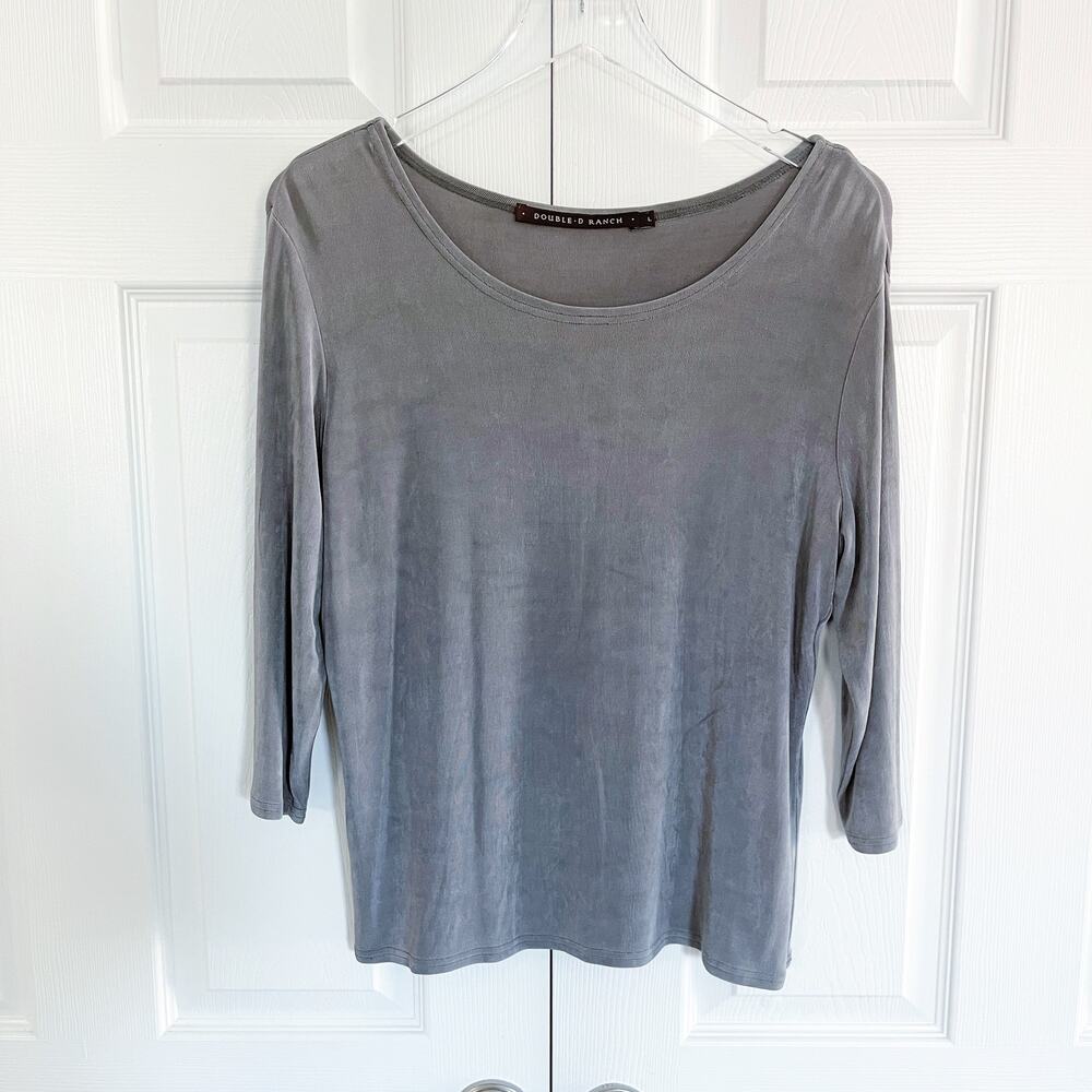 Double D Ranch Gray Silver Silky Knit Boatneck Top 3/4 Sleeve Western Rodeo Luxe